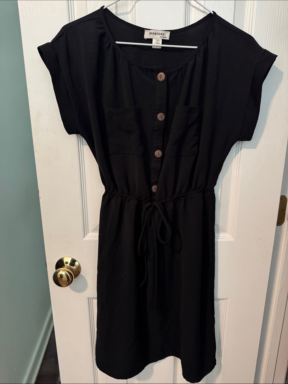 Monteau Black Button-Up Drawstring Mini Dress